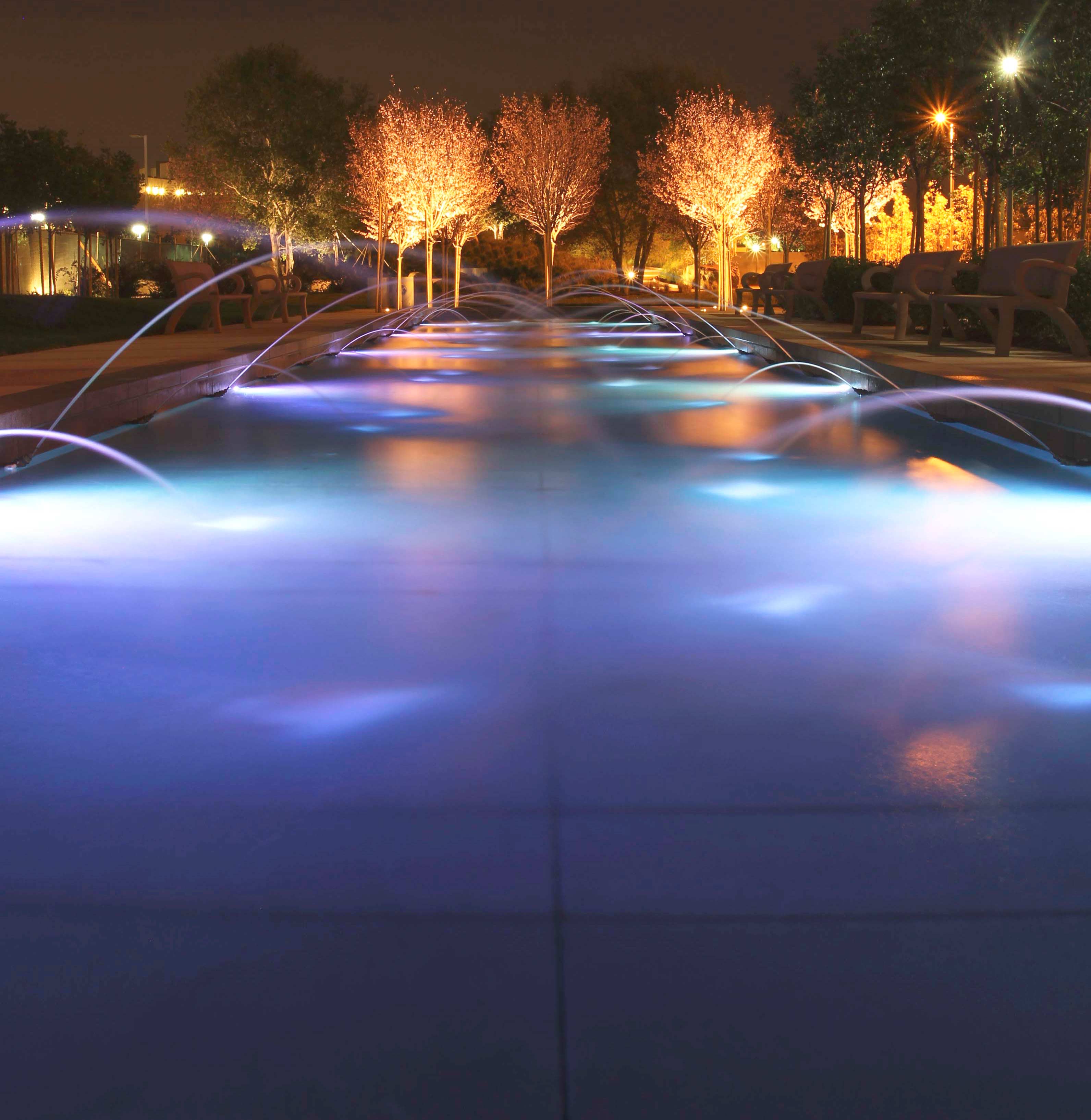 Healthcare facility fountain at night